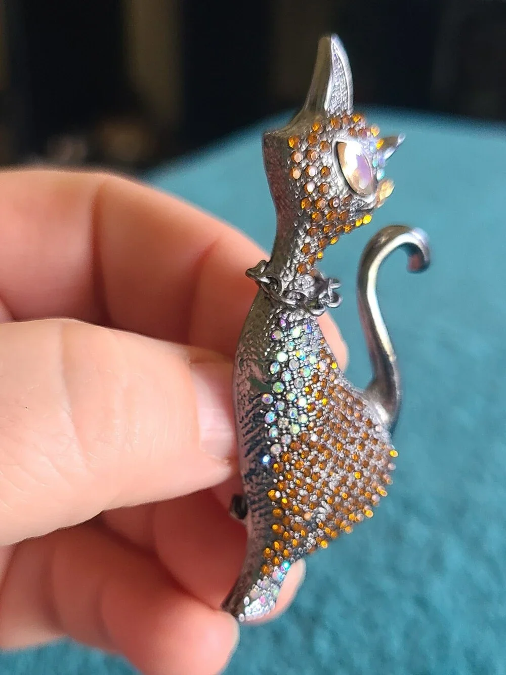 Crystal Cat Brooch Pin With Amber and Iridescent Stones